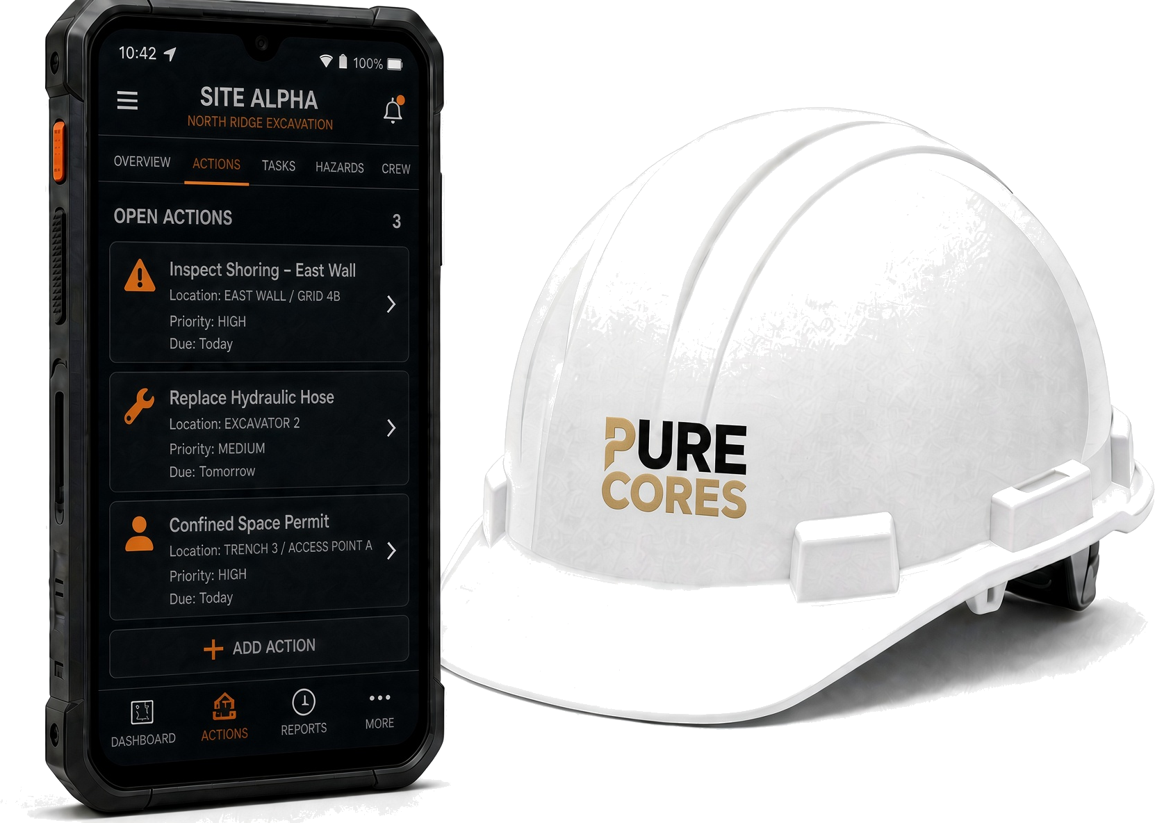 Phone showing an action board next to a hard hat