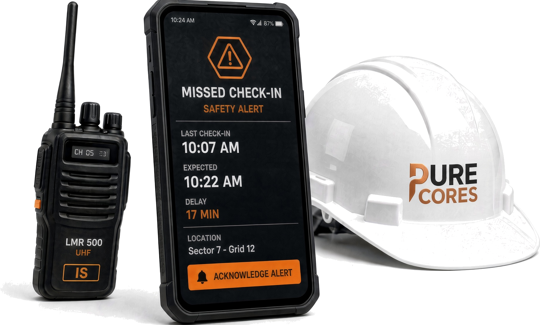 Phone showing a missed check-in alert next to a radio and hard hat