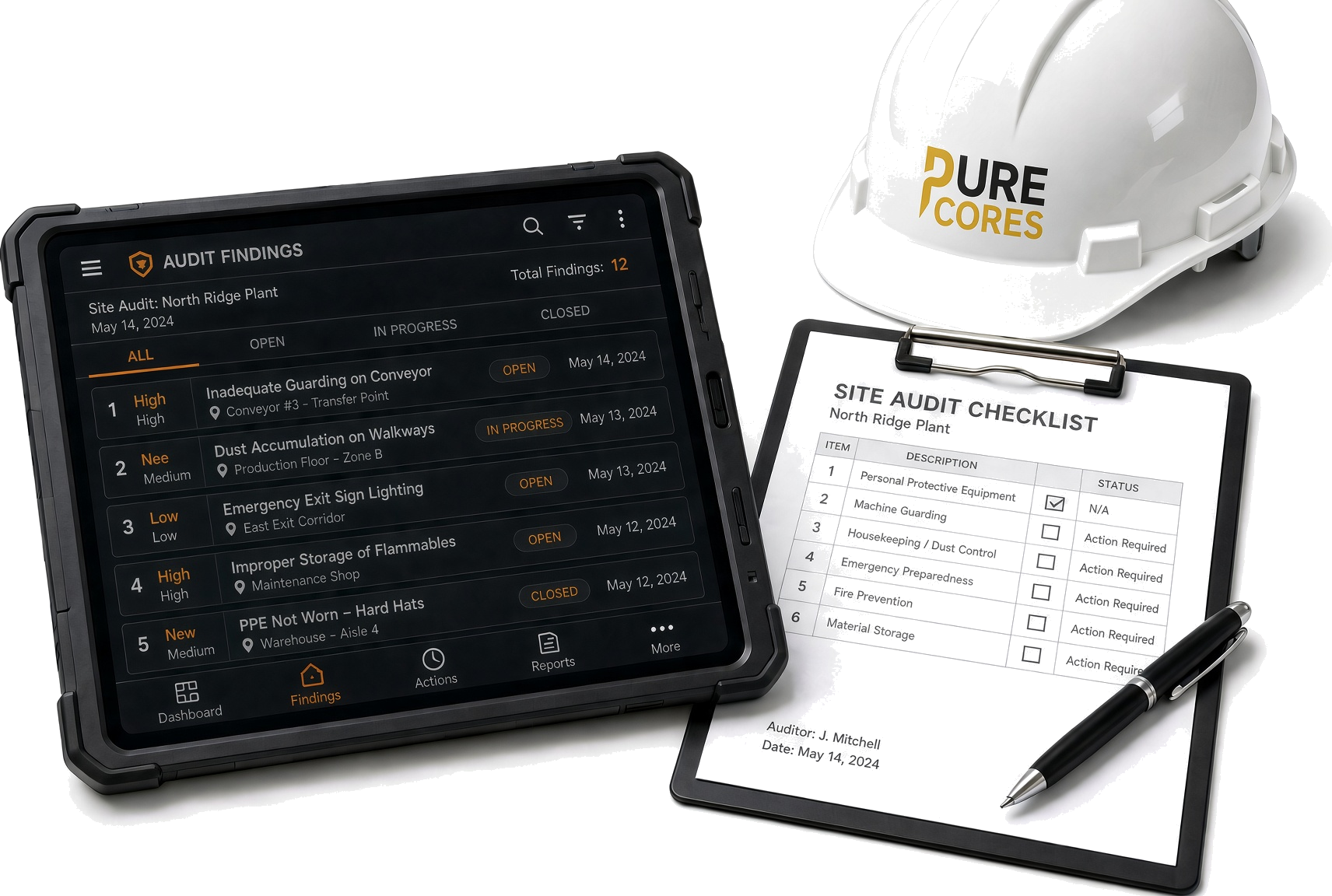 Tablet showing an audit dashboard next to a clipboard and hard hat