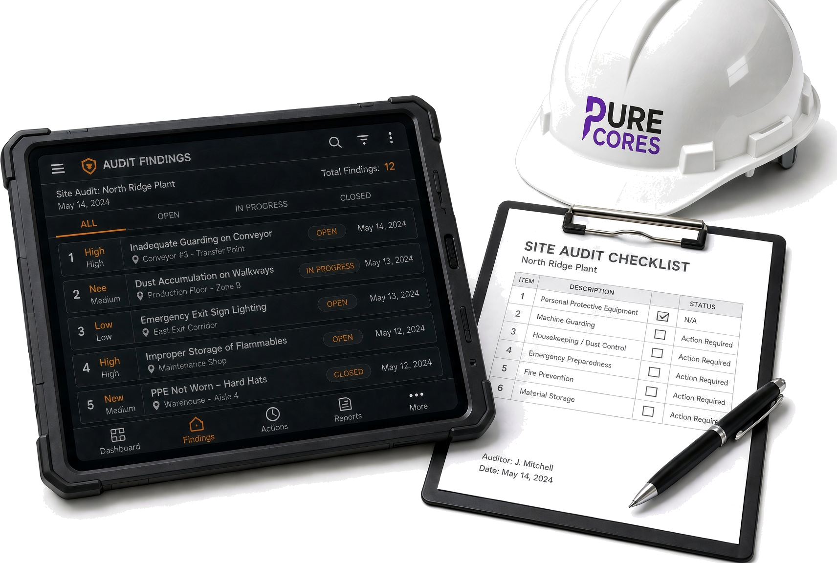 Tablet showing audit findings next to a clipboard