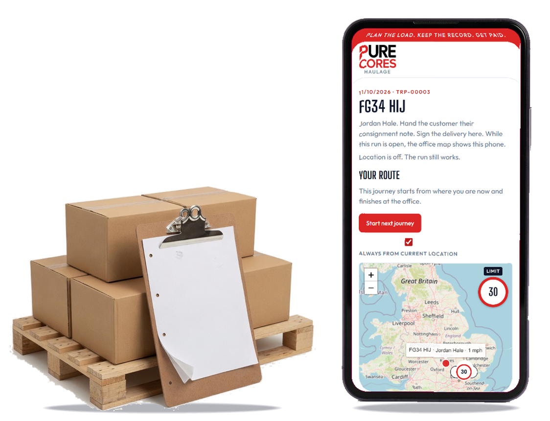 Phone showing the driver's run beside a pallet of cartons