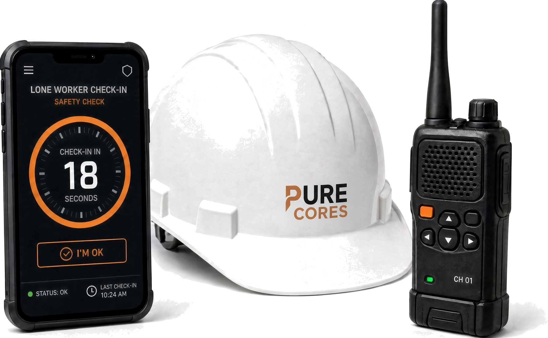 Phone showing a lone worker check-in next to a hard hat and radio