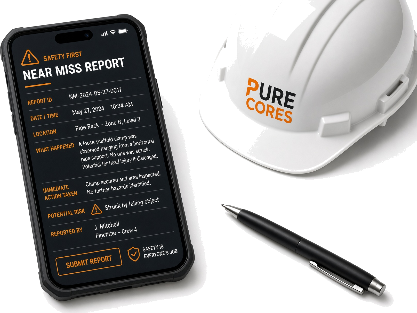 Phone showing a near miss report next to a hard hat