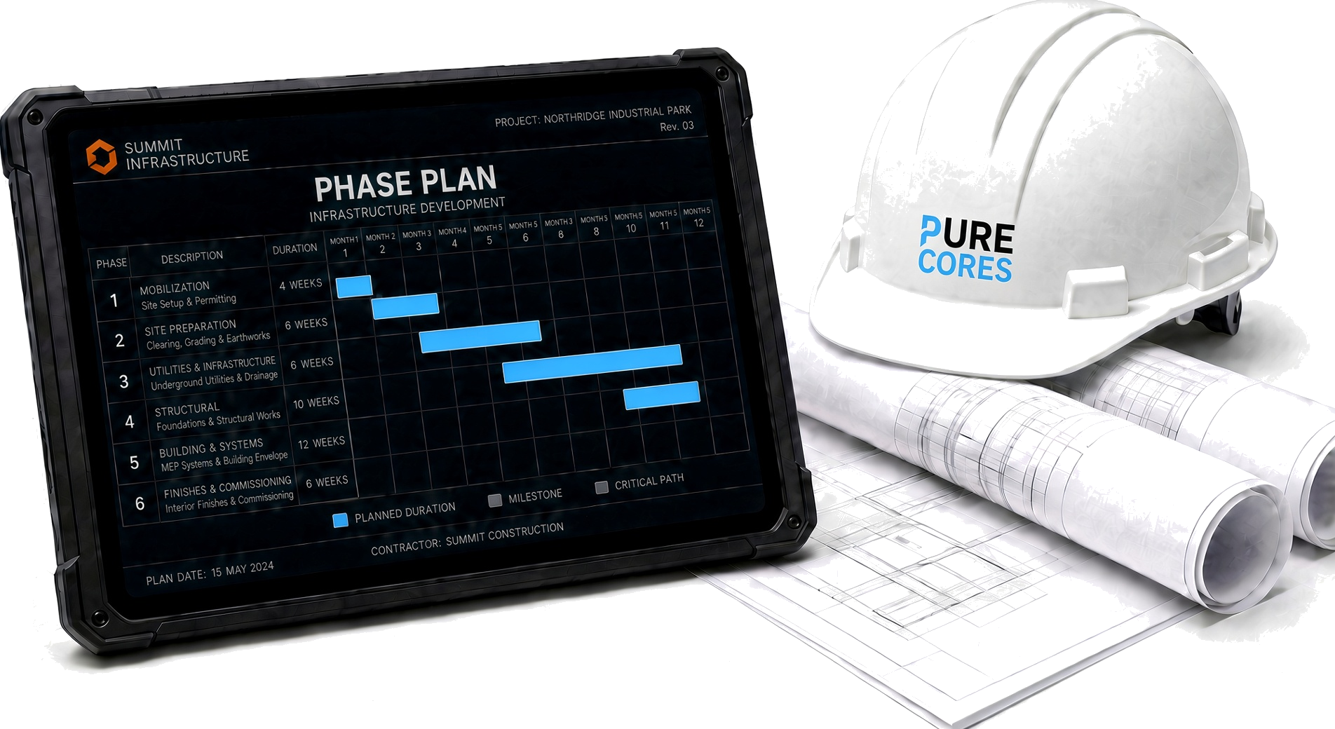 Tablet showing a phase plan next to drawings and a hard hat
