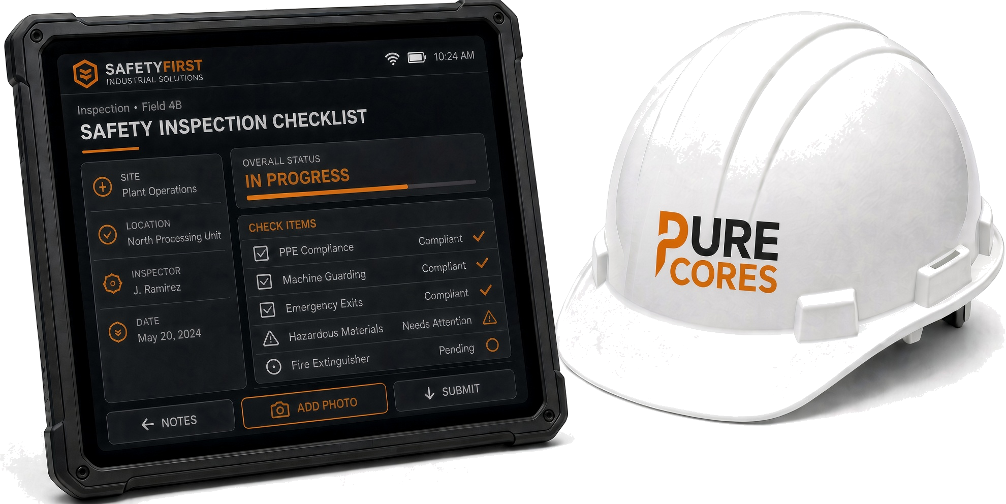 Tablet showing a safety form next to a hard hat